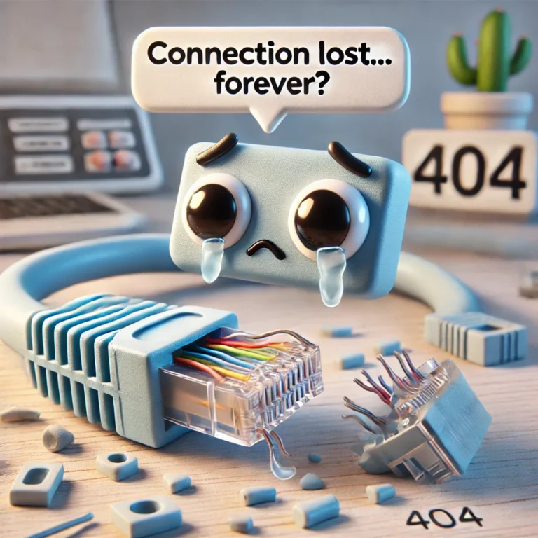 Humorous 404 error image with broken ethernet cable | IT Connect 360